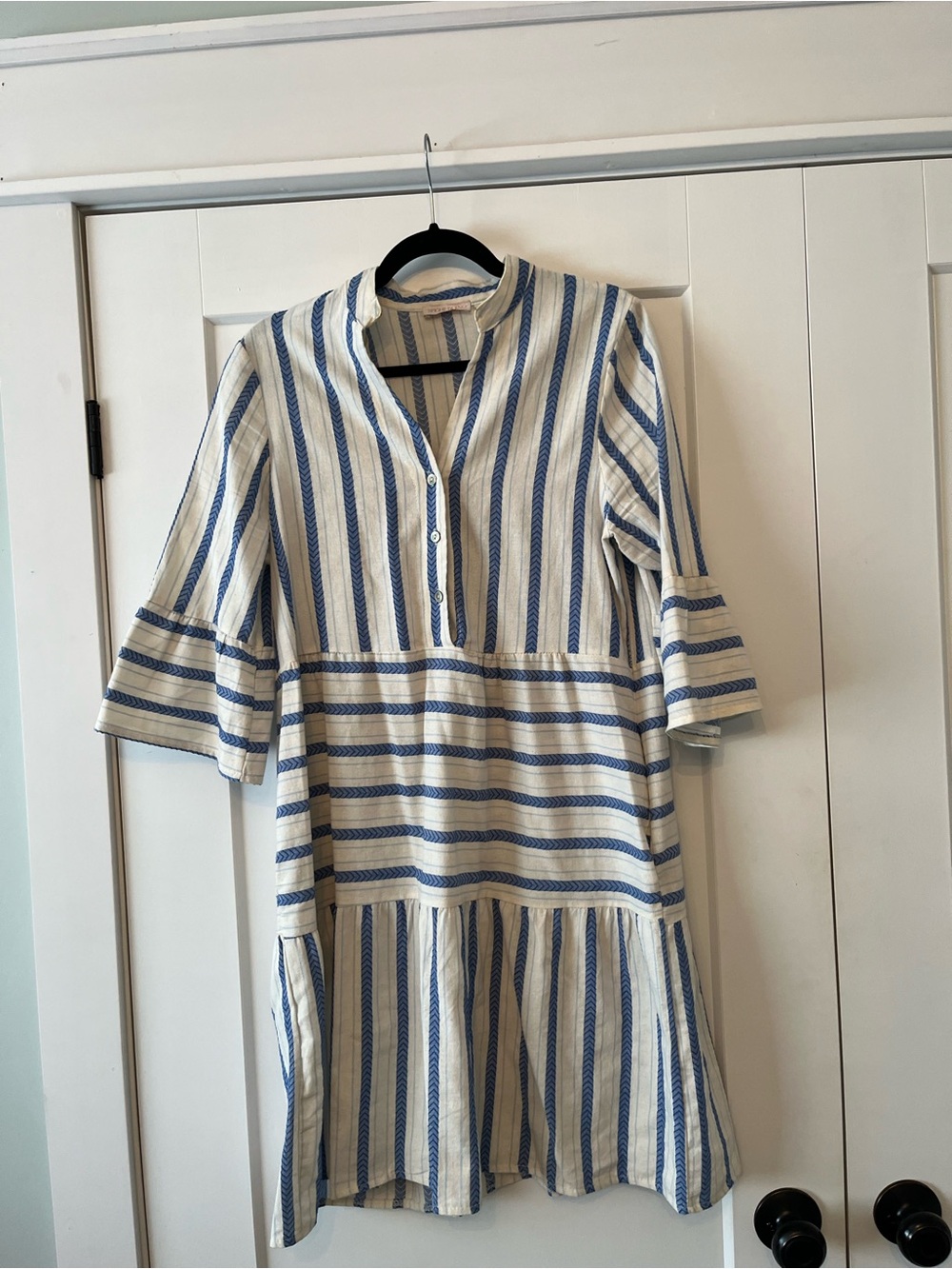 Blue & White Striped Mini Dress with V-Neck